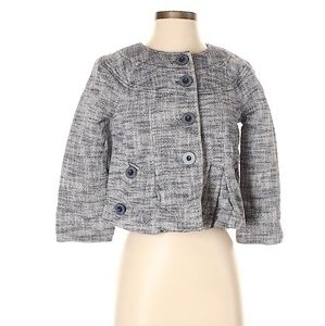 Tibi Timeless Designer Blue Gray Woven Tweed Cotton Linen Cropped Jacket Size 2